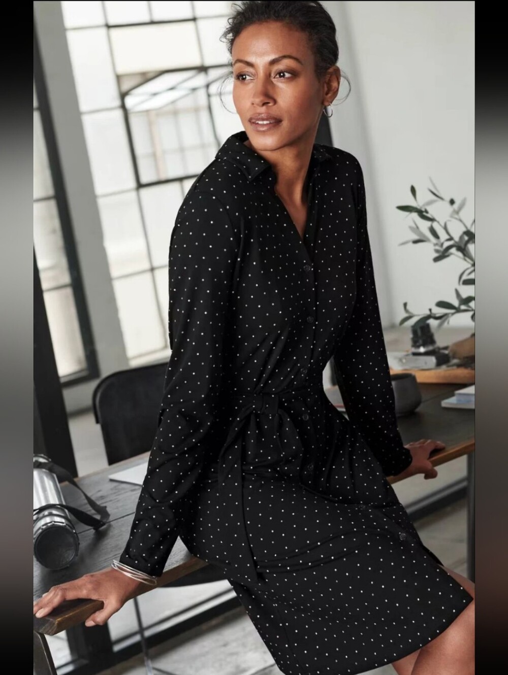 J.Jill Wearever Belted Knit Shirtdress Black Multi Dot Long Sleeve Dress NWT XL